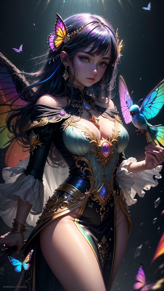 (((masterpiece))), (((ornate))), (((best quality))), ((ultra-detailed)), (highly detailed CG illustration), ((an extremely delicate and beautiful)), cinematic light. Create a stunning fantasy artwork that mimics the style of currently trending masters of the genre. The art piece should contain rich and ornate elements of both mythic fantasy and fairytale fantasy with colorful rainbow accents and dark jewel-toned hues. ((Utilize the rainbow as the main color scheme.)) The character in the artwork is a delicate but strong figure with an aura of mystery and magic. Pay close attention to intricate facial features, such as mesmerizing eyes with vibrant colors and bold shading. The character's clothing should be designed with gossamer feathers, silk, stunning embroidery, and subtle iridescent details. Incorporate (((translucent iridescent rainbows))), dreamy colors, dynamic lighting, and detailed background elements to create a sense of awe and immersion. ((Include colorful flying magical birds and jewel-toned rainbow butterflies radiating a magical aura.)) Consider the latest trends in fantasy art, such as incorporating unique lighting effects, exploring dynamic and compelling composition techniques, and experimenting with unique color palettes. Take inspiration from the top artists on ArtStation and Midjourney. Camera: Choose an angle that highlights the character's beauty and enhances the magical majesty of the artwork. Lighting: Utilize atmospheric lighting techniques to create depth and mood. Resolution: Aim for a high-resolution artwork to showcase intricate details and clarity. Art Inspirations: Seek inspiration from the trending artists on ArtStation, exploring different styles, genres, and themes.