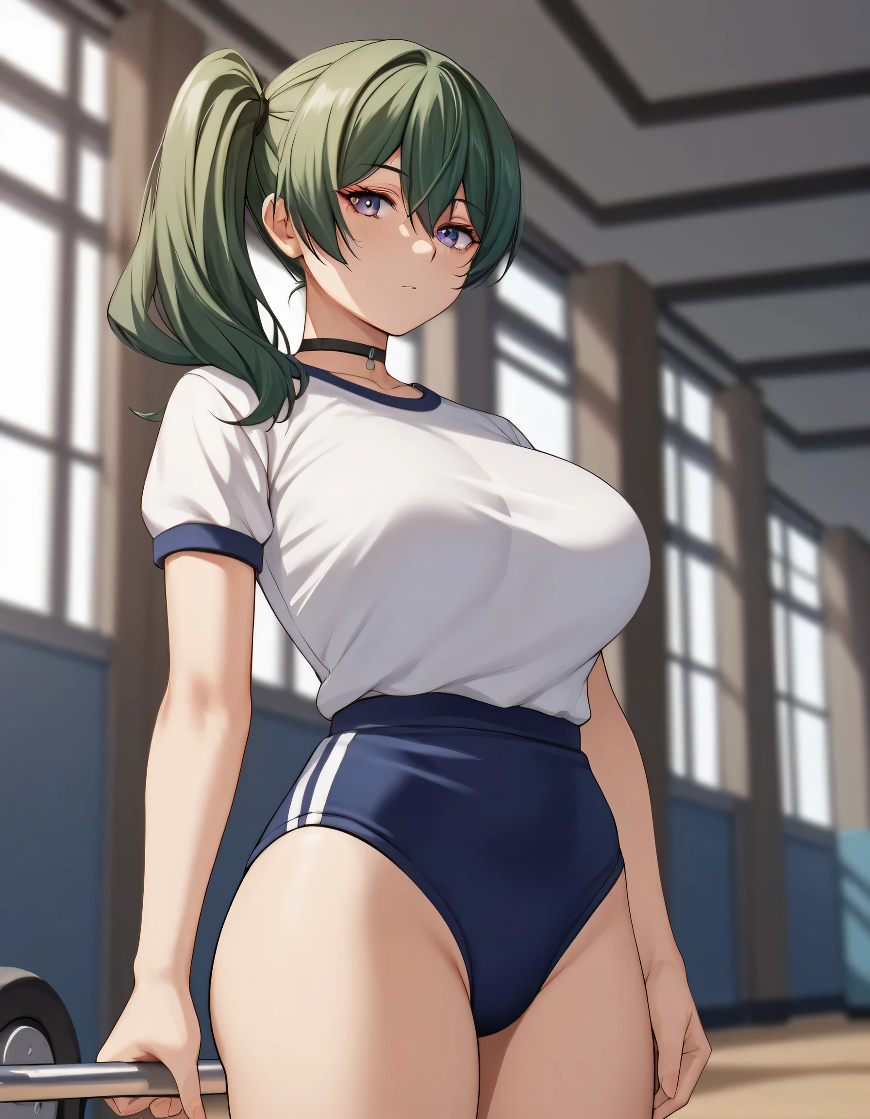 score_9, score_8_up, score_7_up, score_6_up, score_5_up, score_4_up, source_anime, 4k resolution, highest quality, 1girl, large breasts, thin body, beautiful, Comistyle, ubel,green hair, bangs,hair between eyes,side ponytail, purple eyes,black choker, gym_uniform, blue_buruma, white_shirt, cowboy_shot, gym school, indoors 