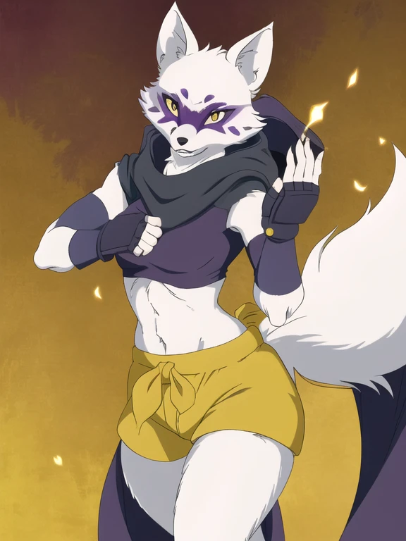 Alopex, arctic fox, furry character, purple mark eyes, tmnt, yellow eyes, girl1, solo, kunoichi outfits, best quality, masterpiece, fox ears, cloak, fingerless gloves, ninja shorts