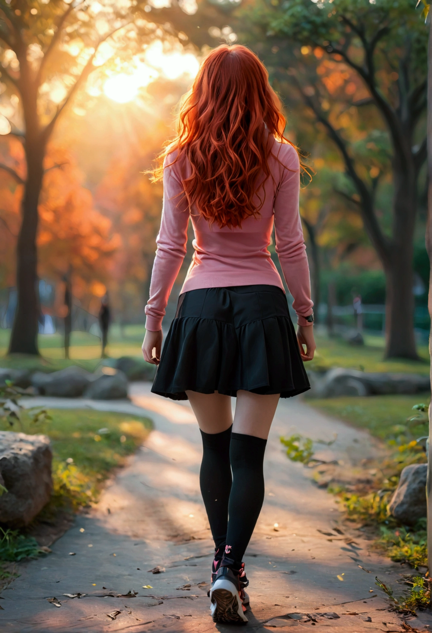 ultra realistic, photography, long red hair, girl, 24 years old, hourglass figure, perfect body, medium natural breasts, Flirty look, extremely detailed artgerm, in the style artgerm, lens 35 mm, blur background, walking, in the park at dawn, wearing a pink top, a black short skirt, opaque black thigh socks and sneakers,