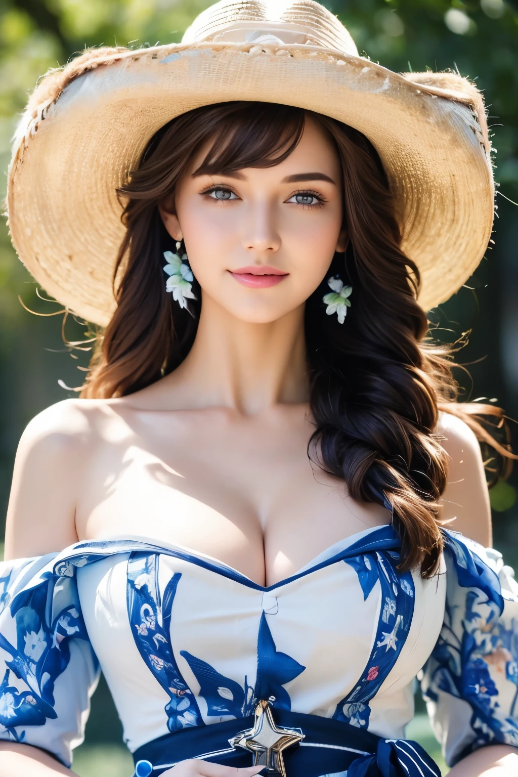(masterpiece:1.5), high quality, aesthetic photo ,(HDR:1.3), pore and detailed, intricate detailed, graceful and beautiful textures, RAW photo, 16K, diffused sunlight, 8K, RAW photo, top-notch quality, exceptionally detailed RAW color photo, professional-grade photograph, (realistic, photorealistic:1.2), (highly detailed skin:1.1), ultra-high resolution, (lenz 80mm), (F/1.2), full body, BREAK, high contrast, wide shot, front view, stunningly beautiful girl, (masterpiece:1.5), 1girl, solo, long hair, breasts, looking at viewer, blush, smile, bangs, blue eyes, blonde hair, hair ornament, hat, dress, cleavage, bare shoulders, jewelry, medium breasts, closed mouth, collarbone, upper body, flower, short sleeves, earrings, outdoors, detached sleeves, day, necklace, blurry, lips, blurry background, blue dress, white flower, blue headwear, hat flower, ((masterpiece quality: 2)), light particles, attractive image, reflections, high detailed, ultra detailed, vibrant colors, ambient lighting, high resolution, world-class official images, impressive visual, ((Cowboy Shot: 1.5)), (((head to waist portrait))), The image has a neutral color tone with natural light setting. f/5.6 50mm, close-up, sharp focus, perfect composition, (Best Quality:1.4), (Ultra realistic, Ultra high res), Highly detailed, Professional Photography,