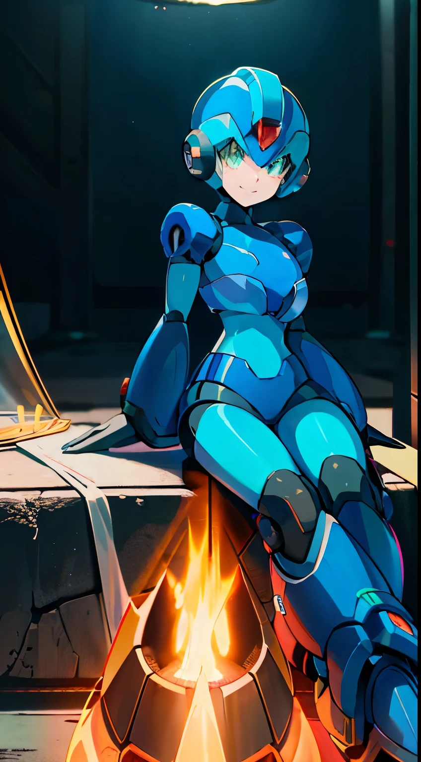 megaman x Girl, cute, Reploid, fullbody shot, maverick hunter, extremely detailed, dinamic pose, Green eyes, long eyelashes, glowing lips, smile, black waist