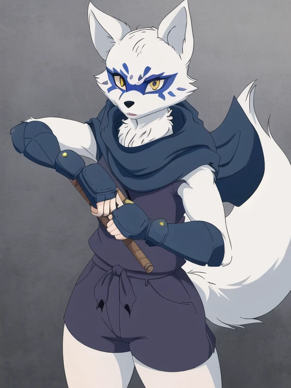 Alopex, arctic fox, furry character, blue mark eyes, tmnt, yellow eyes, 1girl, solo, kunoichi outfits, best quality, masterpiece, fox ears, cloak, fingerless gloves, ninja shorts