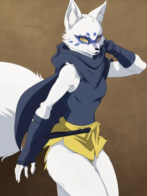 Alopex, arctic fox, furry character, blue mark eyes, tmnt, yellow eyes, 1girl, solo, kunoichi outfits, best quality, masterpiece, fox ears, cloak, fingerless gloves, ninja shorts