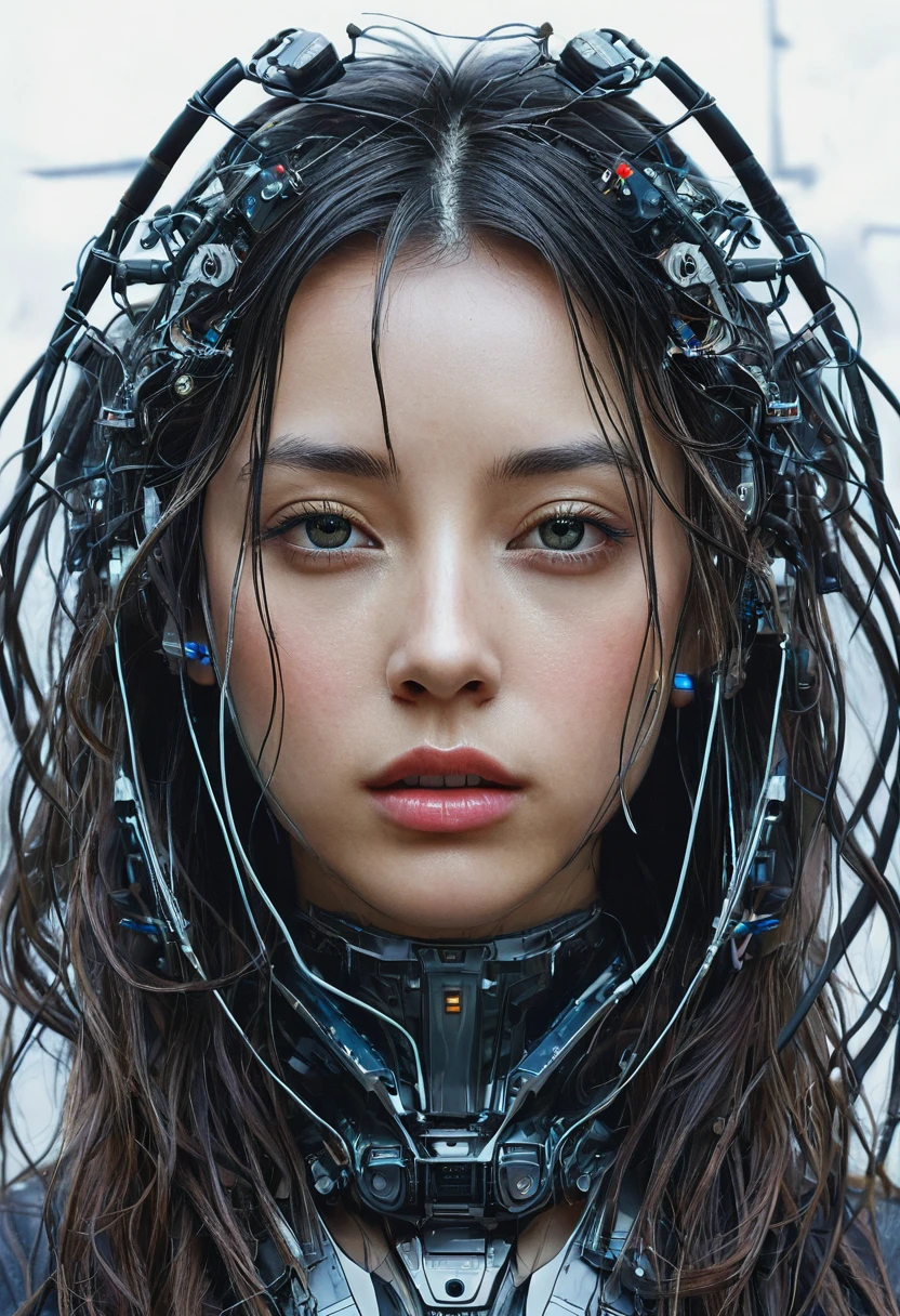 A crying cyborg Björk with cables running to her head