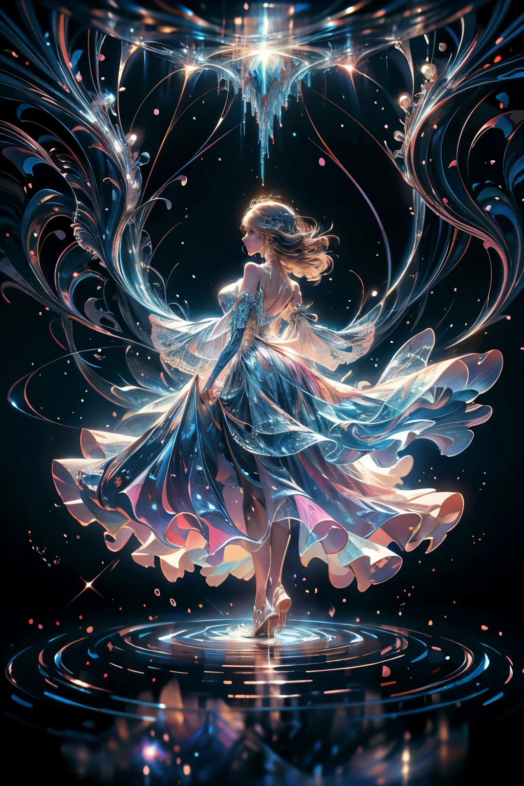 (masterpiece, best quality, top quality, official art, beautiful and aesthetic: 1.2), (1 girl), walking, hands open, giving off blue water effect, magic room background, very detailed, (fractal art: 1.3), colorful , highest detail