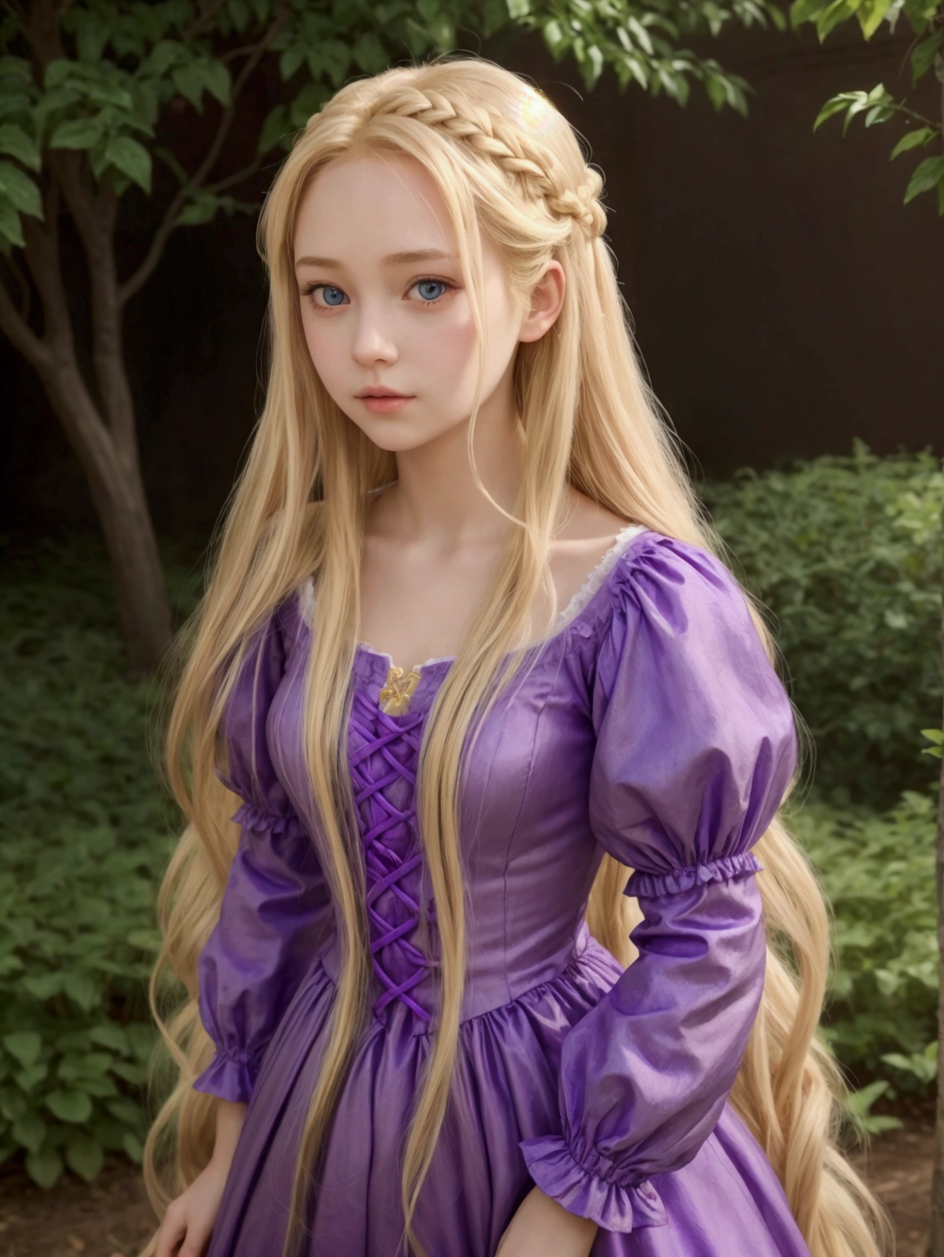 Girl with extremely long blonde hair, she is dressed as rapunzel, her dress is purple like Rapunzel's and she is leaning against a tree