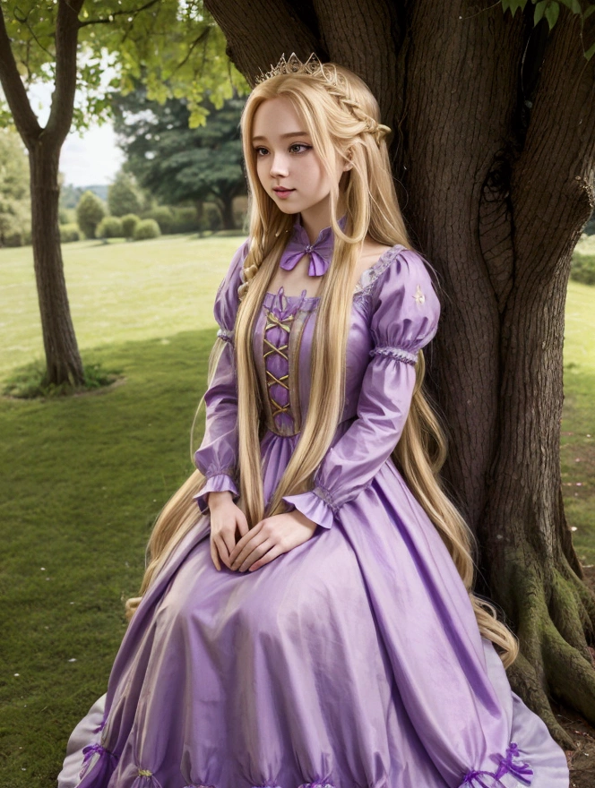 Girl with extremely long blonde hair, she is dressed as rapunzel, her dress is purple like Rapunzel&#39;s and she is leaning against a tree 