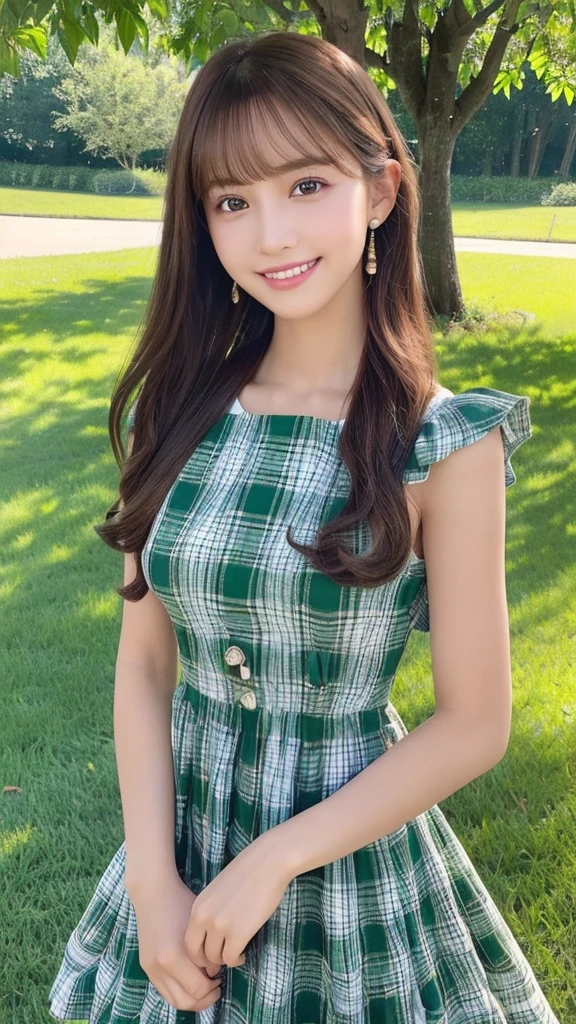 masterpiece, Highest quality, High resolution,Ultra-detailed, Stunningly beautiful woman,8k wall,one girl, (a beauty girl, delicate girl:1.3), (13 years old:1.3), break, (A casual colorful checkered dress:1.3), break, Extremely fine grain definition, (Symmetrical eyes:1.3), break, (Lush green park:1.3), break, Small breasts, Brown eyes, Parted bangs, Brown Hair, girl, break, (Eye and facial details:1.3),A smile showing white teeth,