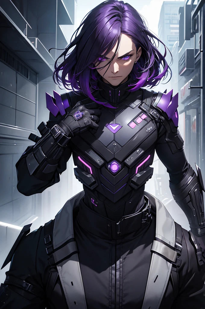 a futuristic man with dark purple hair, wearing black clothes, serious and imposing expression, clothes with fragments coming out of them, detailed face, cinematic lighting, photorealistic, 8k, highres, dramatic atmosphere, science fiction, cyberpunk style