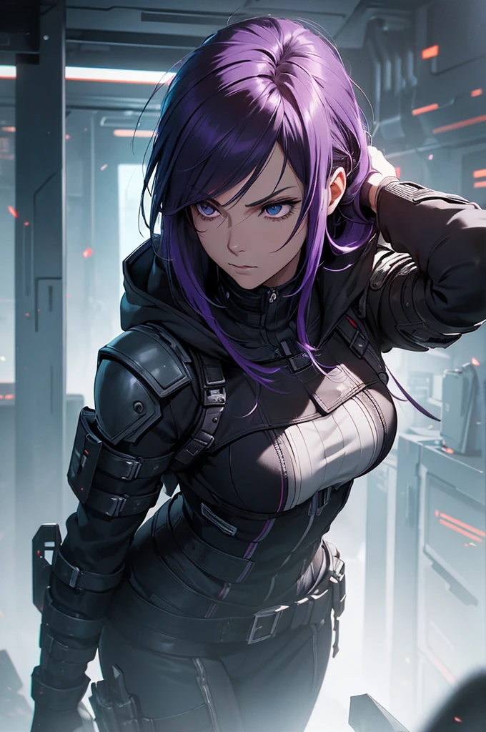 man in futuristic assassin's creed-like outfit, dark purple hair, serious and imposing expression, black outfit with fragmenting elements, (best quality,4k,8k,highres,masterpiece:1.2),ultra-detailed,(realistic,photorealistic,photo-realistic:1.37),cinematic lighting, dramatic pose, intricate details, hyper-realistic, volumetric lighting, moody atmosphere, dark sci-fi, cyberpunk, chiaroscuro