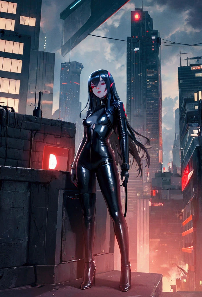 Have the modern technology to operate a laptop、Young vampires, Black Leather, Beautiful Face, Beautiful legs, Black Hair, On the roof, At night, full moon, scattered clouds, cyber implants, cyber punk, detailed, Blade Runner, Digital Painting, 4k uhd, City Boss