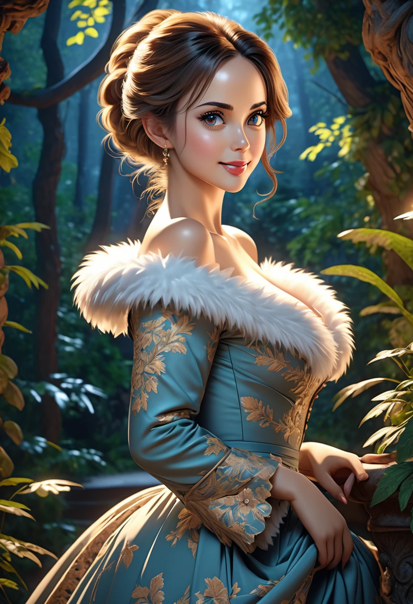 A beautiful aristocratic woman with a large, elegant, hawk-like nose, embodying old-fashioned class. She wears an under-shoulder dress made entirely fluffy animal fur. The woman exudes sophistication and elegance, as well as wholesome, natural beauty. She has a curvy figure with a thin waist and wide, swaying hips. The woman is dressed in an opulent, Victorian dress. She has a wide smile, detailed and wide eyes, and is striking a sexy pose. The scene is in Ultra HD, with Rococo-inspired fantasy art featuring intricate details. Her dress is cute, and she has a charming expression and an alluring gaze, looking at the viewer with beautiful eyes. She has an ideal figure with large, youthful, well-shaped breasts and an attractive ass showcased. The décolletage highlights her massive, round bosom. Her slim waist and fit body complement her full lips. The setting features warm lights, placing the woman in a dreamy forest at night, with fluffy hair and a delicate face. The image is realistic and photorealistic, with large aperture, sexy shots, and attractive poses. The symmetrical face, photorealistic photography, path tracing, specular lighting, and volumetric face light enhance the details. The scene is captured in maximum quality, masterpiece, 8K high resolution, and top quality. Eliza Dushku