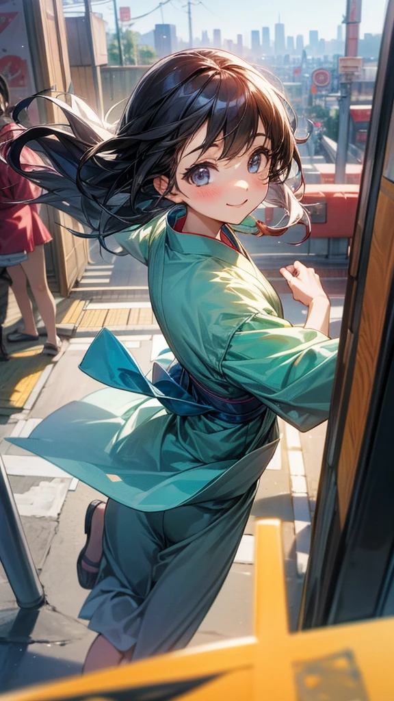 A girl chasing her dreams。Smiling, looking back。The background is a bright and bustling Japanese cityscape。