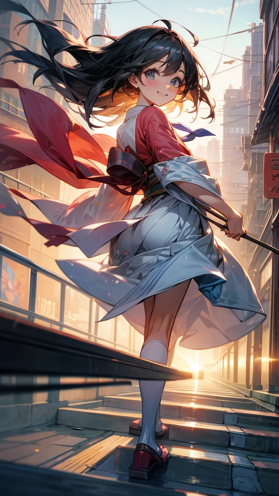 A girl chasing her dreams。Smiling, looking back。The background is a bright and bustling Japanese cityscape。