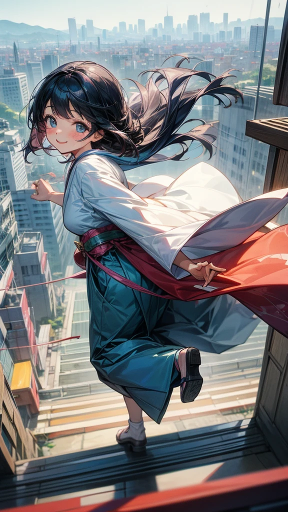 A girl chasing her dreams。Smiling, looking back。The background is a bright and bustling Japanese cityscape。