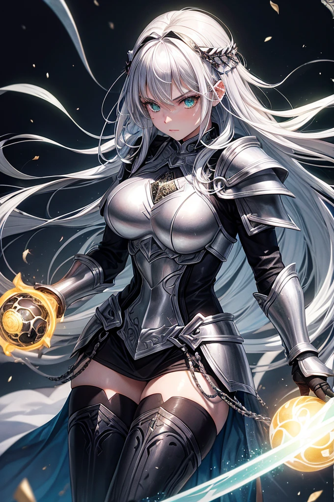 A mystical warrior woman with silver hair, green eyes, and black leather armor, one hand holds a glowing orb and the other a glistening silver sword, displaying dark demon wings