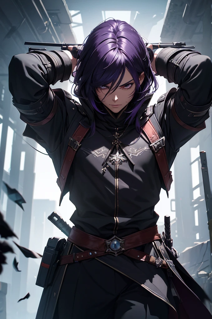 a man in futuristic assassins creed-like outfit, dark purple hair, black clothes, serious and imposing expression, clothing fragments emanating from the outfit, (best quality,4k,8k,highres,masterpiece:1.2),ultra-detailed,(realistic,photorealistic,photo-realistic:1.37),dark moody lighting,cinematic,dramatic pose,intricate details,hyper realistic,volumetric lighting,chiaroscuro,dark fantasy,concept art