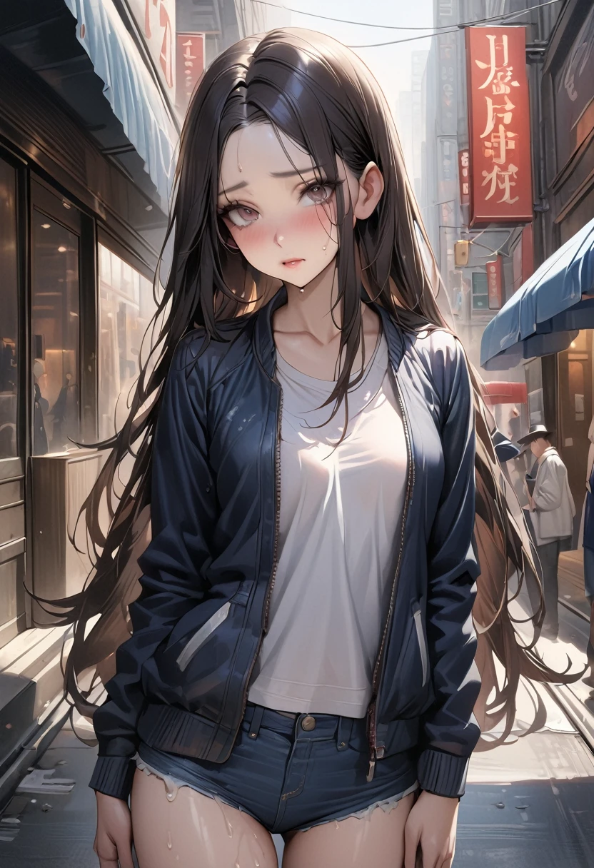 (((masterpiece,Highest quality:1.3,best quality illustration))),((realistic:1.2)),cowboy shot,独奏,1woman,(Mature Beauty),black hair,straight long hair,forehead,center parted bangs,black eyes,(gorgeous big eyes),(very small head),shy,((very long body,skinny,slender body)),((Navy blue baseball jacket)),small breasts,gleaming skin,oily skin,sweat,denim micro shorts,Wearing a white tank top and a blouson,on street,New York City、