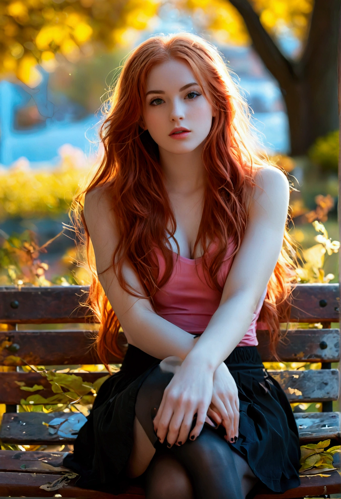 ultra realistic, photography, long straight red hair, girl, 24 years old, hourglass figure, perfect body, medium natural breasts, Flirty look, extremely detailed artgerm, in the style artgerm, she is facing the camera, lens 35 mm, blur background, she is sitting on a parkbench at sundawn, her legs are crossed, she is wearing a pink top, a black short skirt, black opaque thigh socks and sneakers,