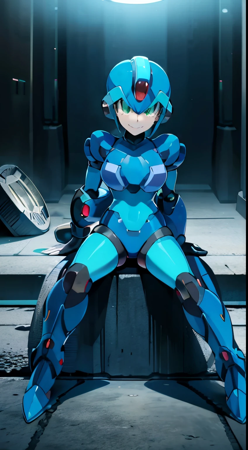 megaman x Girl, cute, Reploid, fullbody shot, maverick hunter, extremely detailed, dinamic pose, Green eyes, long eyelashes, glowing lips, smile, black waist