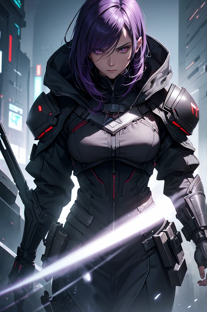 man in futuristic assassin's creed-like outfit, dark purple hair, serious and imposing expression, black outfit with fragmenting elements, (best quality,4k,8k,highres,masterpiece:1.2),ultra-detailed,(realistic,photorealistic,photo-realistic:1.37),cinematic lighting, dramatic pose, intricate details, hyper-realistic, volumetric lighting, moody atmosphere, dark sci-fi, cyberpunk, chiaroscuro
