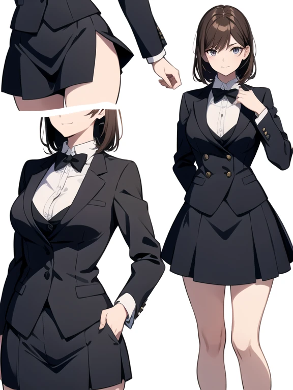 Character Sheet,White background,masterpiece: 1.6, Highest quality: 1.4, Intricate details: 1.2, 1 mature woman,28 years old,office lady,attractive office lady, alone, (Brown Hair), Medium Hair, single ~ ~ sidelock, amount: 1.5, Slender figure,Small breasts,Cleavage,(Exposed thighs:1.3),office casual style, (Black recruitment suit:1.5),White shirt,(Black tight skirt:1.2), (Above the knee shot), Multiple Views, front, return, ~ ~ side, performance, ((Character setting material collection, Different poses of the same character, Character Reversal: 1.5, Multiple Views)), Model posing,Contrapposto, Portraiture, Happy, Are crying, Get angry, smile