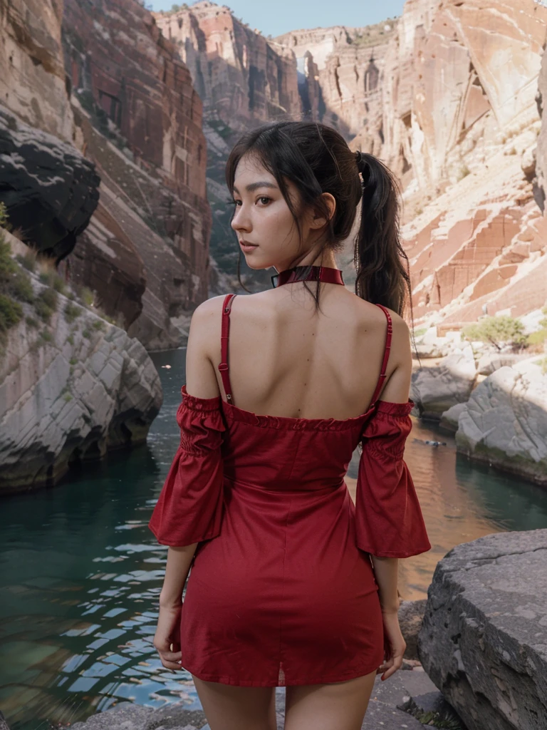 8k, RAW photo, best quality, ultra high resolution, (photorealistic), realistic photo of skinny japanese girl, (skinny japanese girl, 20 years old, most beautiful japanese girl in the world, slim face, black hair, ponytail hair), in the canyon, cliffs, black rocks, rocky mountains, bright light, (full body picture), standing posing for picture, sexy pose, hands behind the back, seductive, (wearing: (red sundress, choker, loong sleeves), (((looking at viewer))), fierce look, seductive, (extremely detailed CG unity 8k wallpaper), Sharp focus, (bright light)