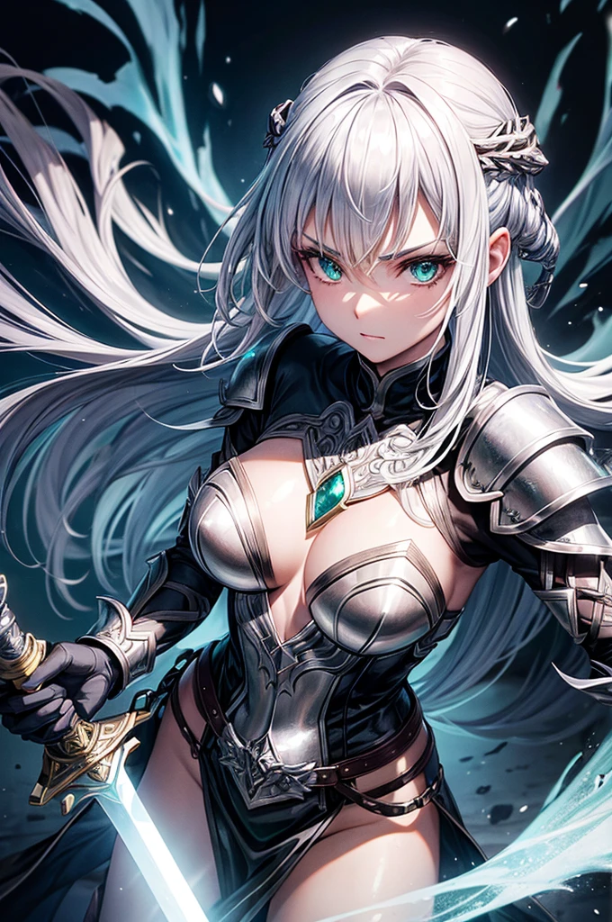 A mystical warrior woman with silver hair, green eyes, and black leather armor, one hand holds a glowing orb and the other a glistening silver sword, displaying dark demon wings