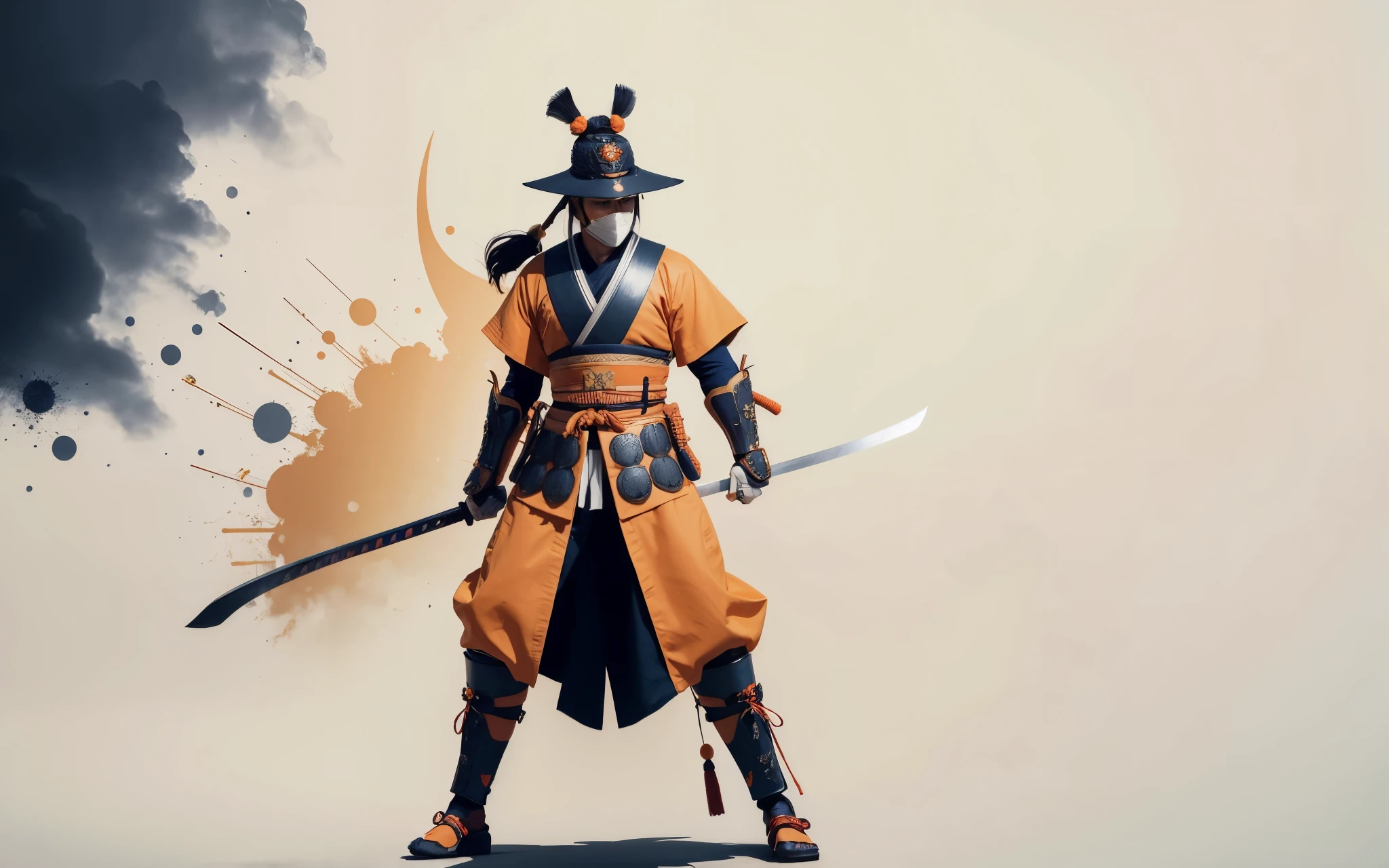 samurai covering his face, detailed armor, detailed facial features, detailed katana, white bodysuit, orange and blue color scheme, dramatic lighting, digital painting, cinematic composition, 8k, high quality, hyper detailed, photorealistic