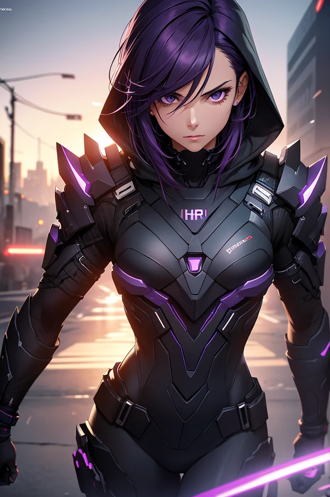 a man in futuristic assassin's creed-like outfit, dark purple hair, serious and imposing expression, black outfit with fragmenting elements, (best quality,4k,8k,highres,masterpiece:1.2),ultra-detailed,(realistic,photorealistic,photo-realistic:1.37),cinematic lighting, dramatic pose, intricate details, hyper-realistic, volumetric lighting, moody atmosphere, dark sci-fi, cyberpunk, chiaroscuro