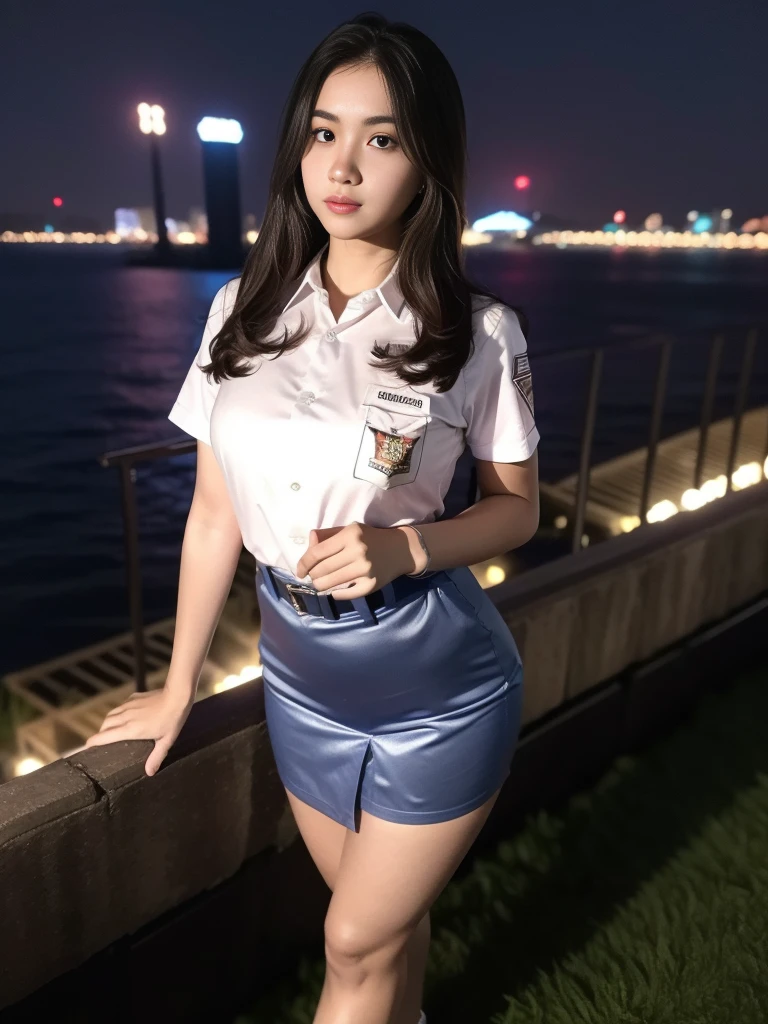 1girl, (uniform), standing, outdoors, night view, Metropolitan city at the background, detailed face, detailed eyes, medium breasts, shiny realistic skin, fit body, short skirt, looking at the audience, (ultra wide angle shot: 1.4), (8k, RAW photo, best quality, masterpiece: 1.2), (realistic, realistic: 1.37), ultra-high resolution