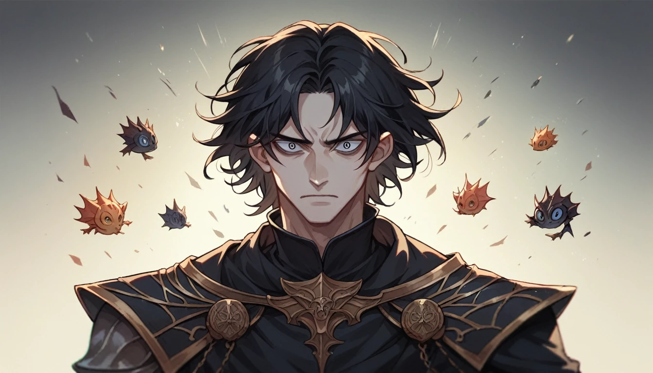 アニメ, best qualityer, white boy, Bblack hair, black eye color, black clothing, divinity, Shining eye,