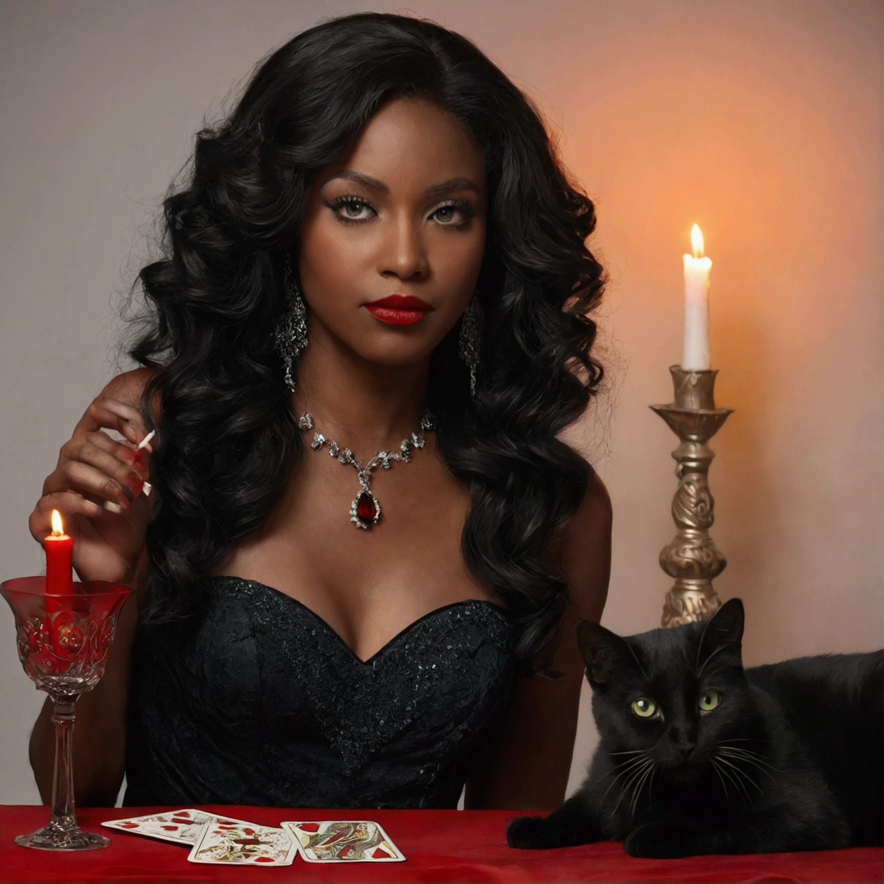 black skin woman , wavy black hair, red rose in hair,
greeneyes, cigarette in hand, and tarot cards in the other hand,
Six silicones, long red and black dress with details, , red lipstick on the mouth, sitting at a table with seven lit red candles and a glass, and some cards lie on the table, full moon in the sky, a black cat by her side,high resolution, beautiful and sensual woman.
mysterious photo