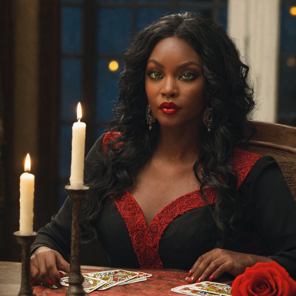 black skin woman , wavy black hair, red rose in hair,
greeneyes, cigarette in hand, and tarot cards in the other hand,
Six silicones, long red and black dress with details, , red lipstick on the mouth, sitting at a table with seven lit red candles and a glass, and some cards lie on the table, full moon in the sky, a black cat by her side,high resolution, beautiful and sensual woman.
mysterious photo