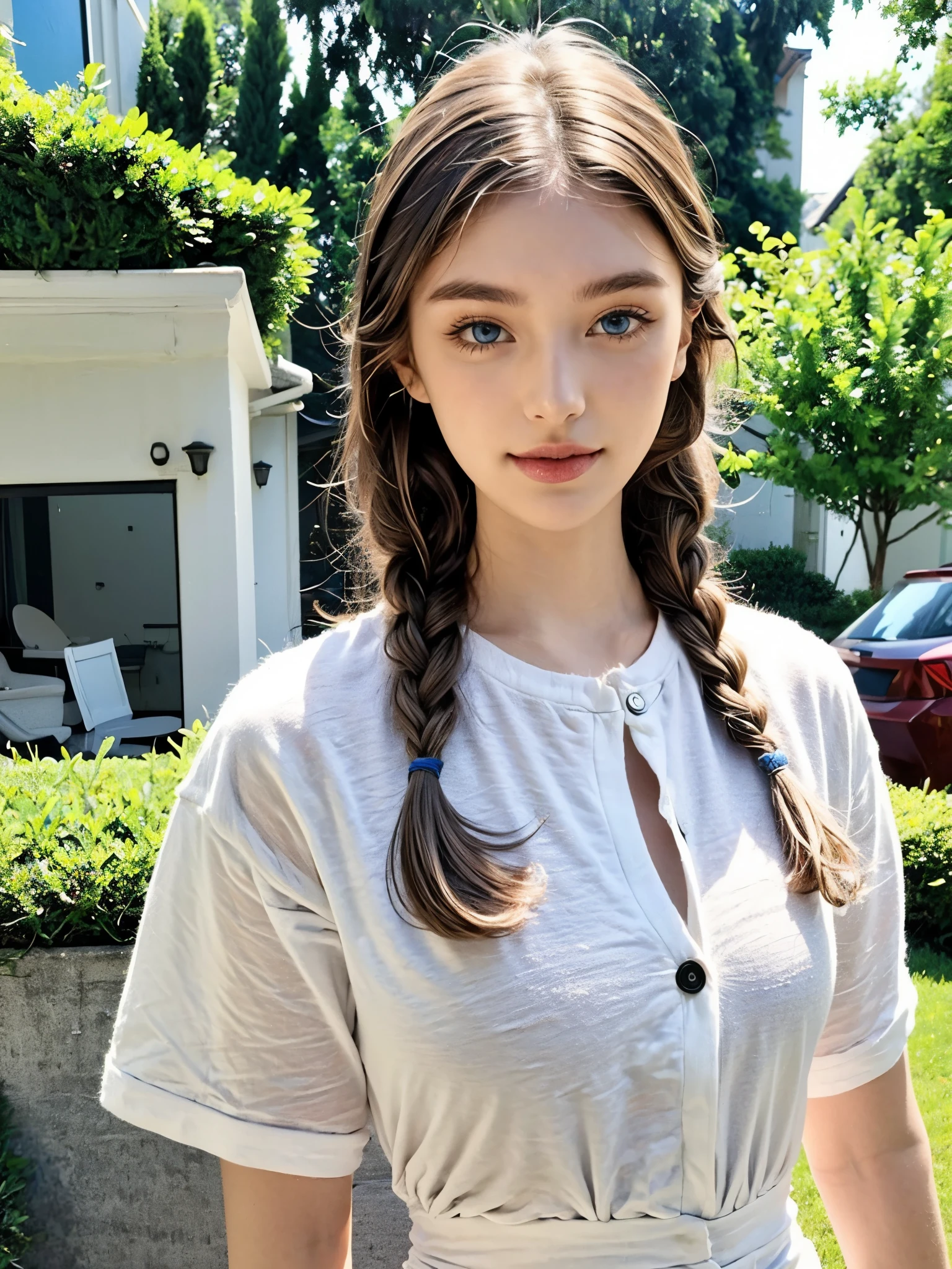 Excellent, masterpiece, white hair, blue eyes, white clothes, upper body, hair, fair skin, side braids, best quality