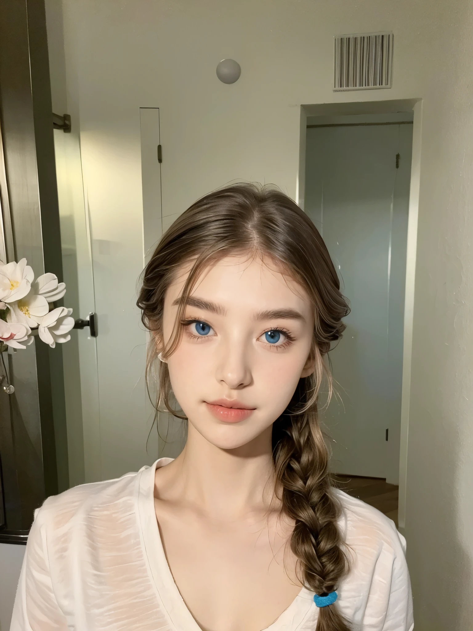 Excellent, masterpiece, white hair, blue eyes, white clothes, upper body, hair, fair skin, side braids, best quality