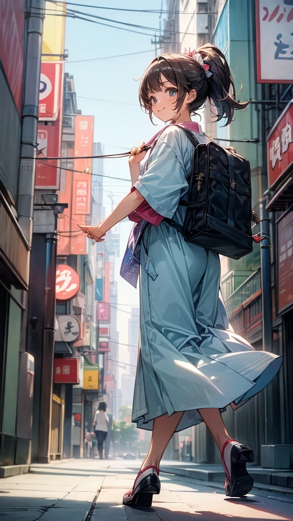 A girl chasing her dreams。Smiling, looking back。Stylish and cute clothes。The background is a bright and bustling Japanese cityscape。