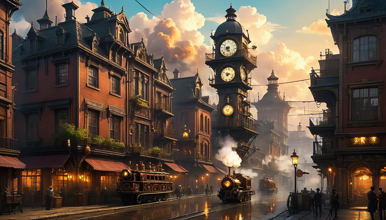 steampunk art pictures, Wide Shot,  intense details, highly detailed, Realistic, Highest quality, High resolution, reflected light, Attention to detail, Highest quality, 16K, [ultra detailed], masterpiece, Highest quality, (extremely detailed), ultra Wide Shot, Realistic, to be born, Realistic芸術,((Highest quality)), ((masterpiece)), (detailed), A lot of steam rises、、Nobody is here、unmanned、Urban area、gaslight、airship flying in the sky、Clock Tower、