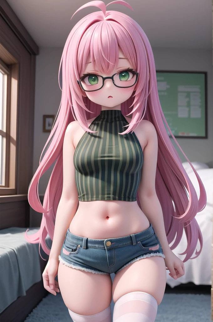 (masterpiece, best quality), 1girl, small breasts, small hips, green eyes, pink hair, crop top, denim shorts, bedroom, striped thighhighs, pervert, , glasses,