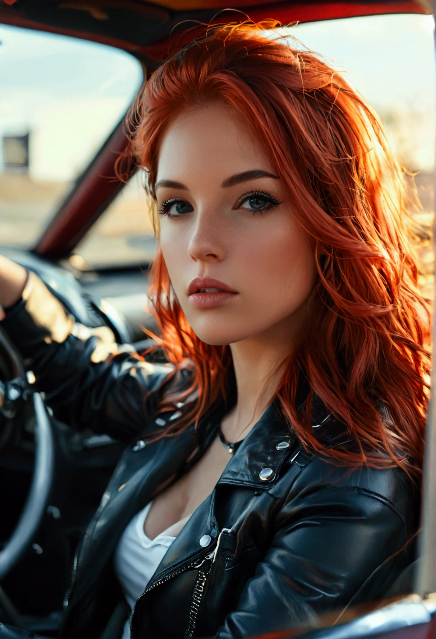 ultra realistic, photography, long red hair, girl, 24 years old, hourglass figure, perfect body, small breasts, Flirty look, extremely detailed artgerm, in the style artgerm, facing the camera, lens 35 mm, blur background, black chevrolet camaro SS 1968, driving her car on the highway with the windows open, wearing a leather jacket, tight tshirt, tight leatherpants, leatherboots, 