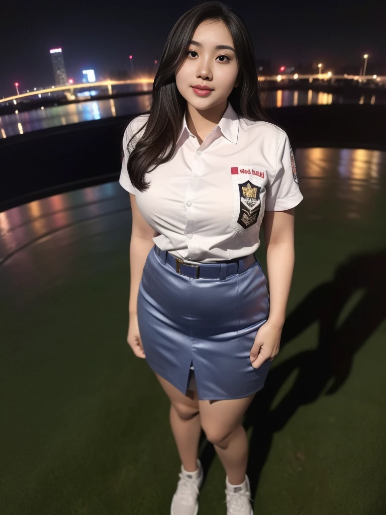 1girl, (uniform), standing, outdoors, night view, Metropolitan city at the background, detailed face, detailed eyes, medium breasts, shiny realistic skin, fit body, short skirt, looking at the audience, (ultra wide angle shot: 1.4), (8k, RAW photo, best quality, masterpiece: 1.2), (realistic, realistic: 1.37), ultra-high resolution