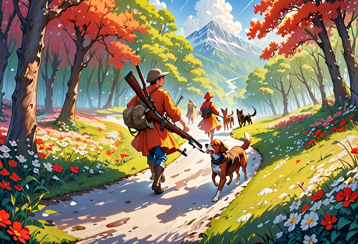 (Highest quality, Super detailed, Realistic: 1.37), Humorous, Cartoon style, Thick lines, children's storybook illustration, Bright colors,Two hunters, hunting rifles in hand, walk cautiously along a path through a flowering forest, while two hounds run frolicking around them.