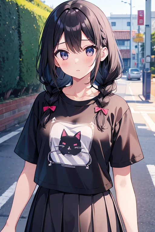 Girl with black braided hair、Hair length is around chest、T-shirt and skirt、⦅The T-shirt has a cat's face printed on the chest area.⦆、A gentle smile、Walking along the river bank