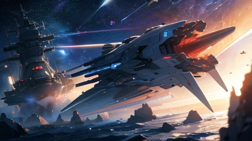 Space Battleship,perfect battleship,detailed battle ship,Break the battleship is flying in 宇宙,Break background in space,detailed background,masterpiece,best quality,super detailed,super fine illustration,8k,dynamic angle,
