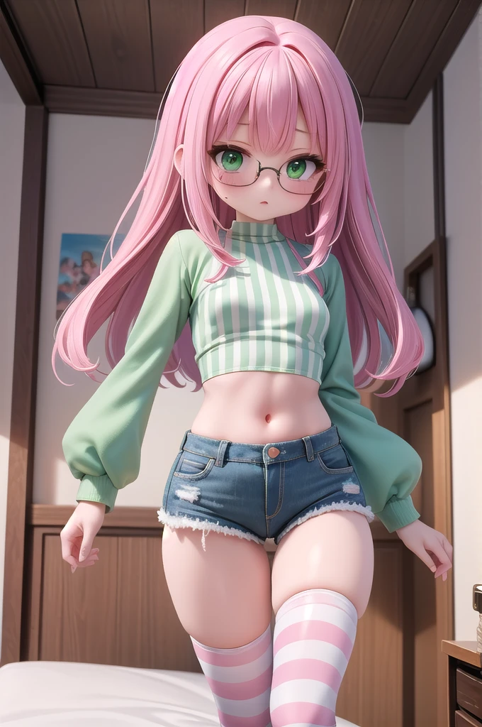 (masterpiece, best quality), 1girl, small breasts, small hips, green eyes, pink hair, crop top, denim shorts, bedroom, striped thighhighs, pervert, , glasses, BACK VIEW. SHE IS LOOKING TO THE VIEWER.