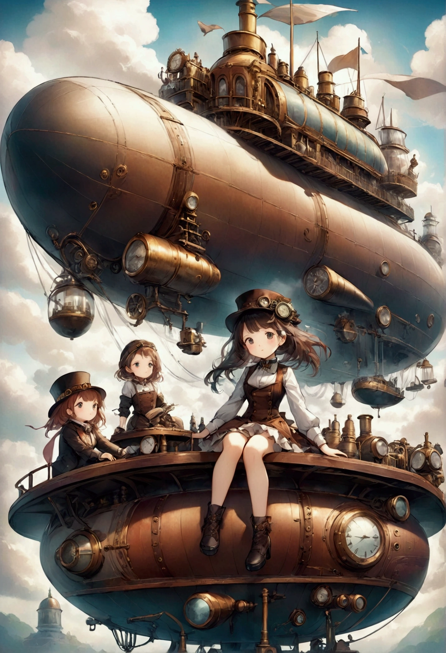 Steam locomotive and anime girl sitting on a table wearing a hat, Girl with warship parts, Cute and detailed artwork, steampunk zeppelin, detailed Steampunk illustration, airship in steampunk, Detailed anime artwork, Steampunk inventor girl, Steampunk illustration, steampunk airship, Cute and detailed digital art, Detailed anime art, high quality steampunk art, steampunk airship!!!!!!!, clean Detailed anime art