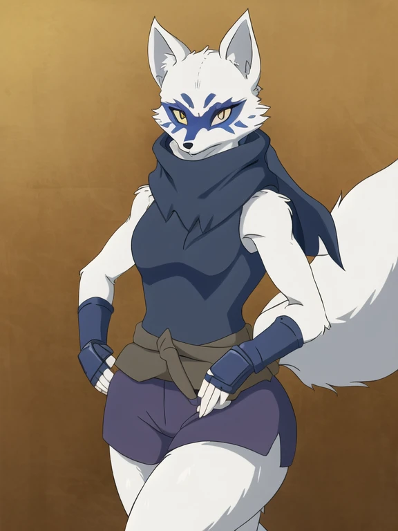 Alopex, arctic fox, furry character, blue mark eyes, tmnt, yellow eyes, 1girl, solo, kunoichi outfits, best quality, masterpiece, fox ears, scarf, fingerless gloves, ninja shorts