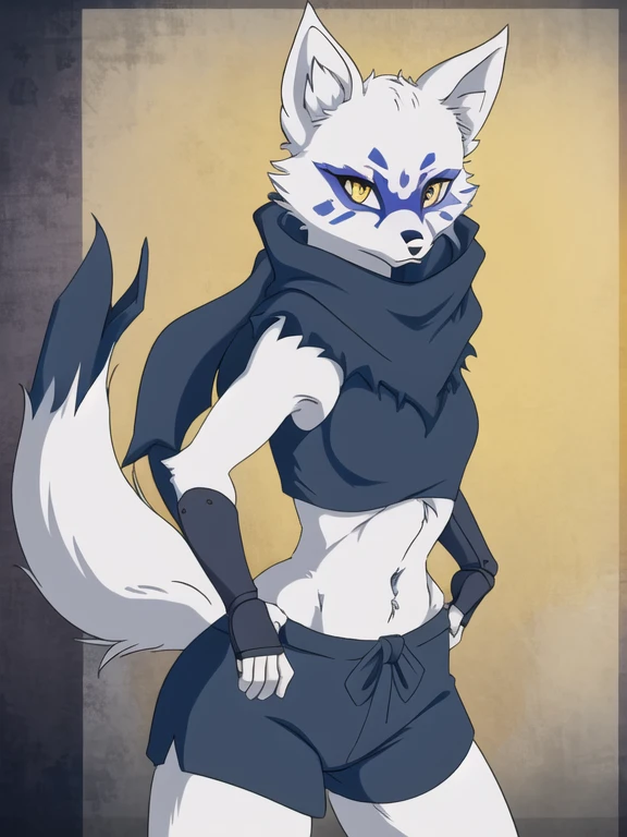 Alopex, arctic fox, furry character, blue mark eyes, tmnt, yellow eyes, 1girl, solo, kunoichi outfits, best quality, masterpiece, fox ears, scarf, fingerless gloves, ninja shorts