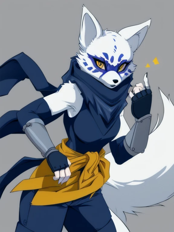 Alopex, arctic fox, furry character, blue mark eyes, tmnt, yellow eyes, 1girl, solo, kunoichi outfits, best quality, masterpiece, fox ears, scarf, fingerless gloves, ninja shorts